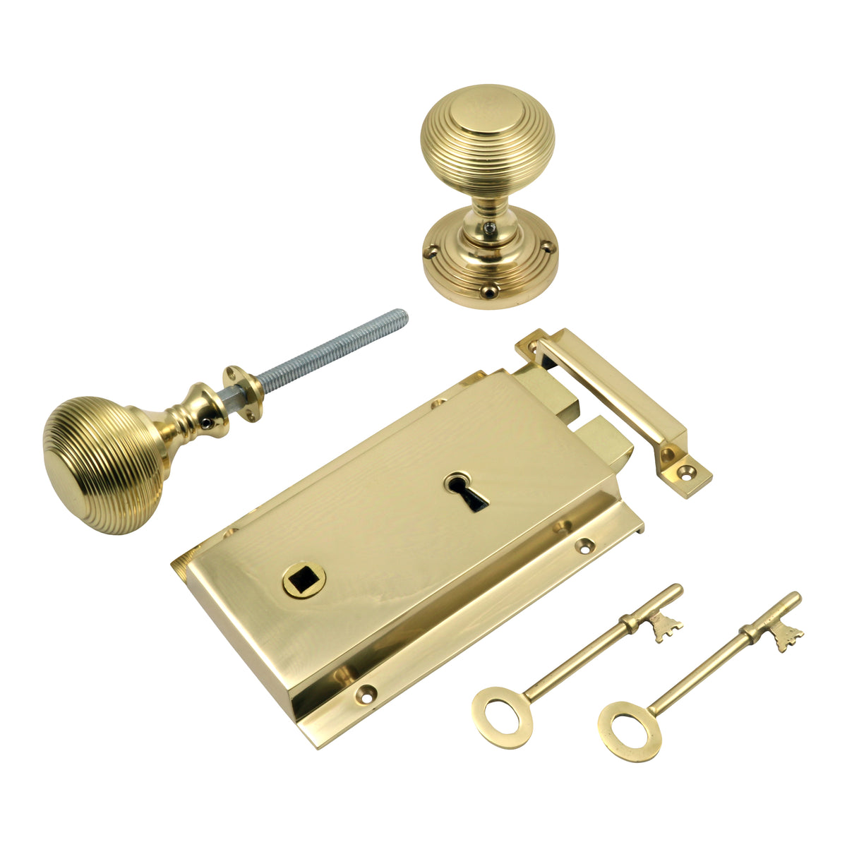 Heavy Cast Brass Rim Lock c/w Reeded Knob Set