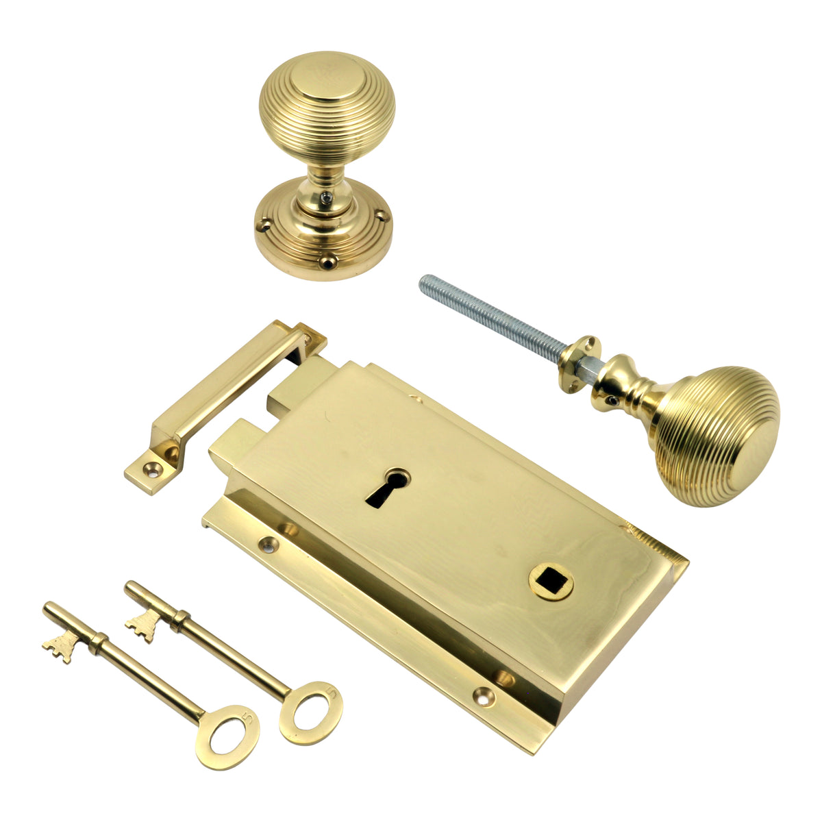 Heavy Cast Brass Rim Lock c/w Reeded Knob Set