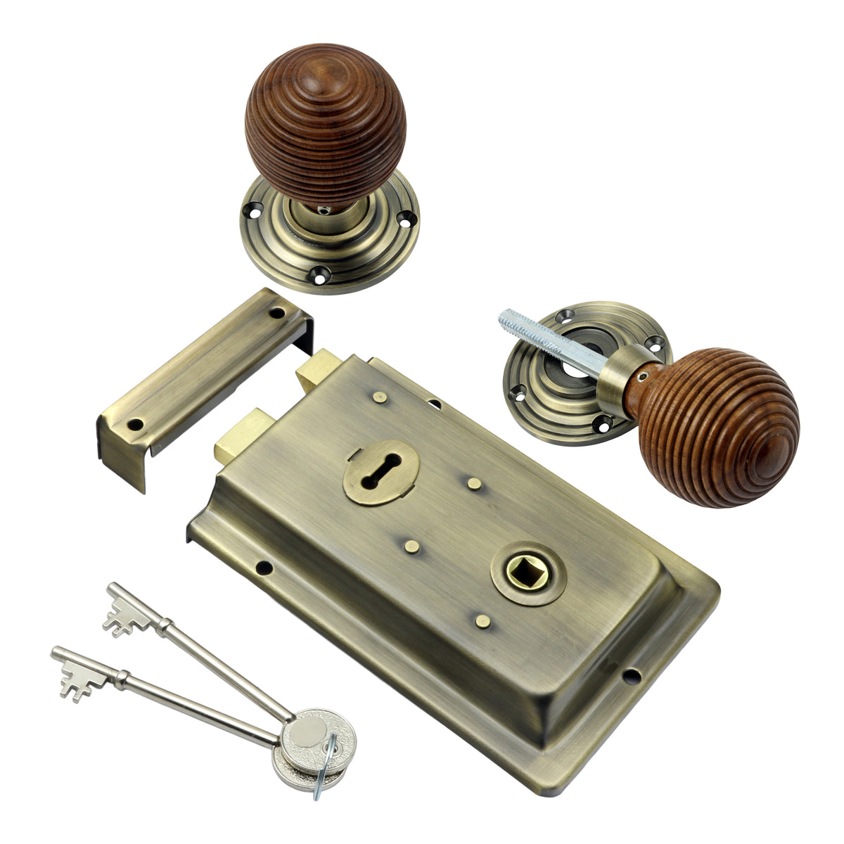 Traditional Rim Lock with Rosewood Reeded Rim Knob