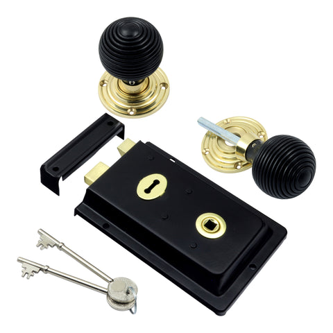 Traditional Rim Lock with Ebony Reeded Rim Knob