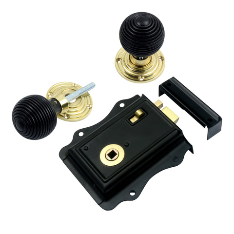 Fancy Rim Latch with Ebony Reeded Rim Knob